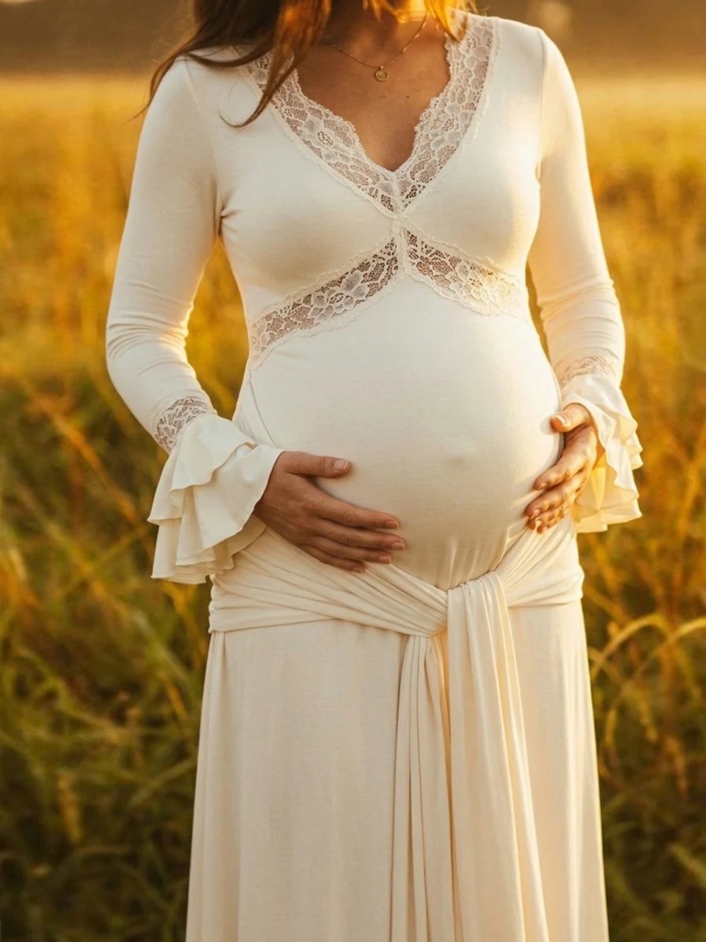Cream Lace-Trim Maternity Wrap Maxi Dress